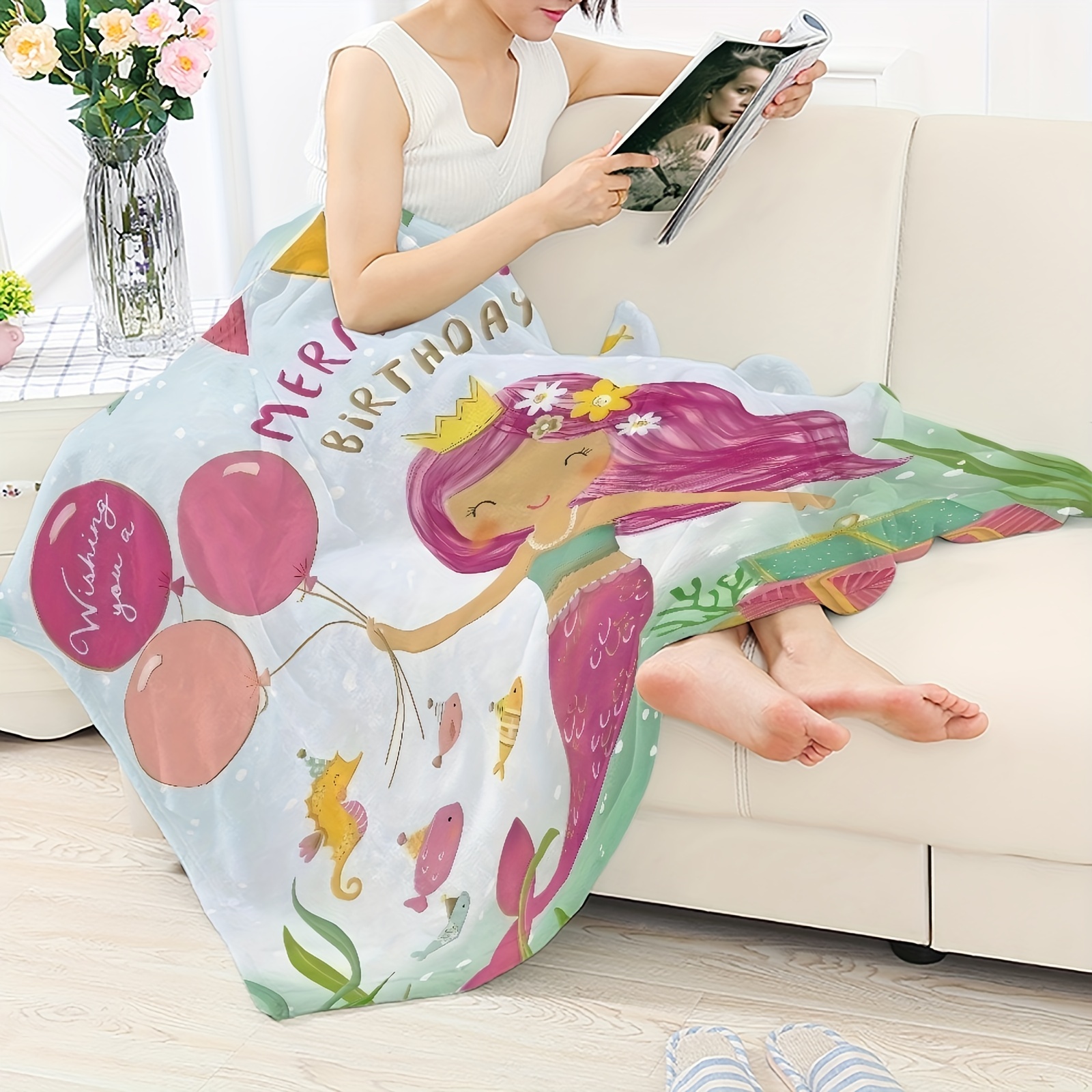 1pc Cartoon Mermaid Print Blanket Soft Warm Throw Blanket Nap Blanket For Couch Sofa Office Bed Camping Travel Multi purpose Gift Blanket For All Se