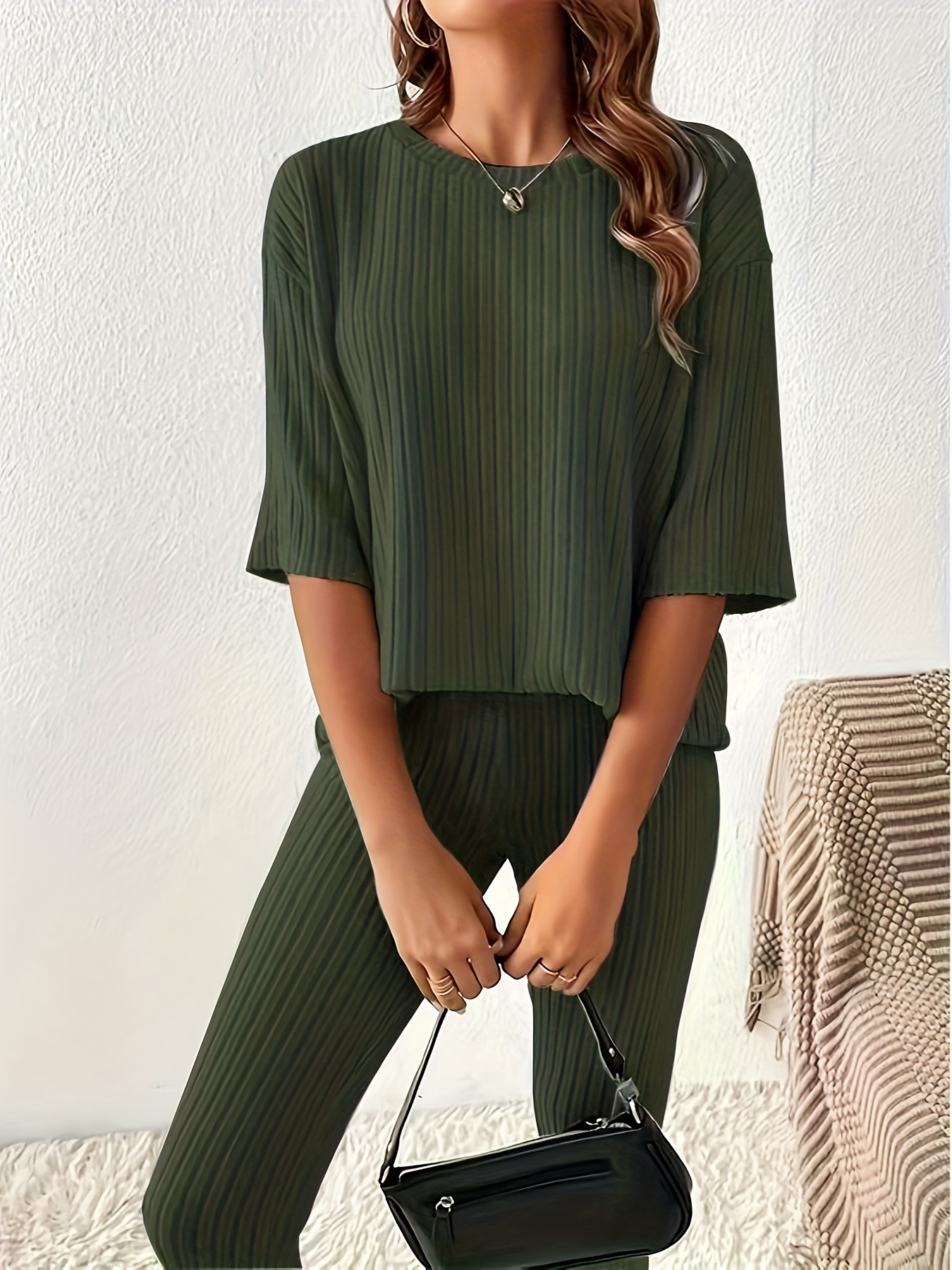 Ribbed Knit Two piece Set Drop Shoulder Short Sleeve T shirt & Slim Pants