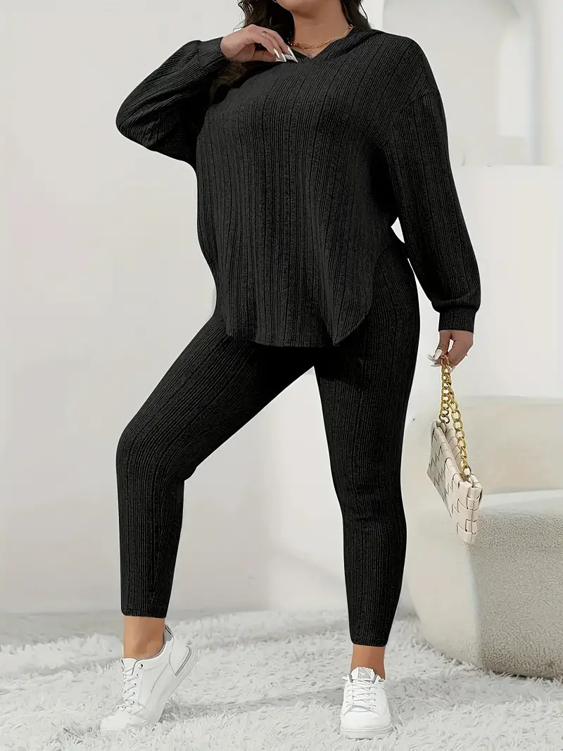 Plus Size Casual Outfit Set Women's Plus Solid Long Sleeve - Temu