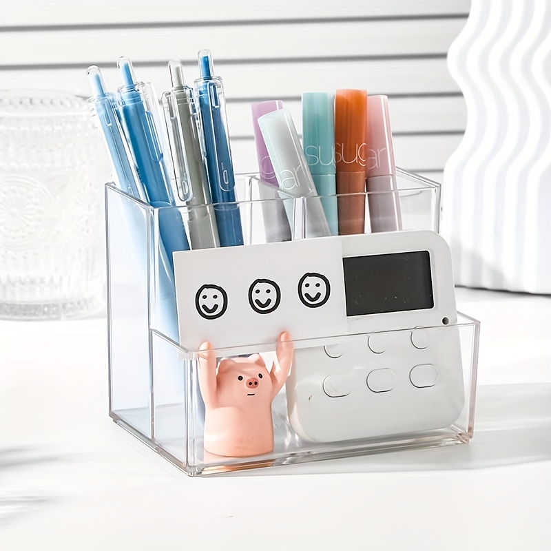 1pc Simple Transparent Acrylic Pen Holder Brush Storage Container Desk  Organizer Box Stationery Pen Holder Office Supplies