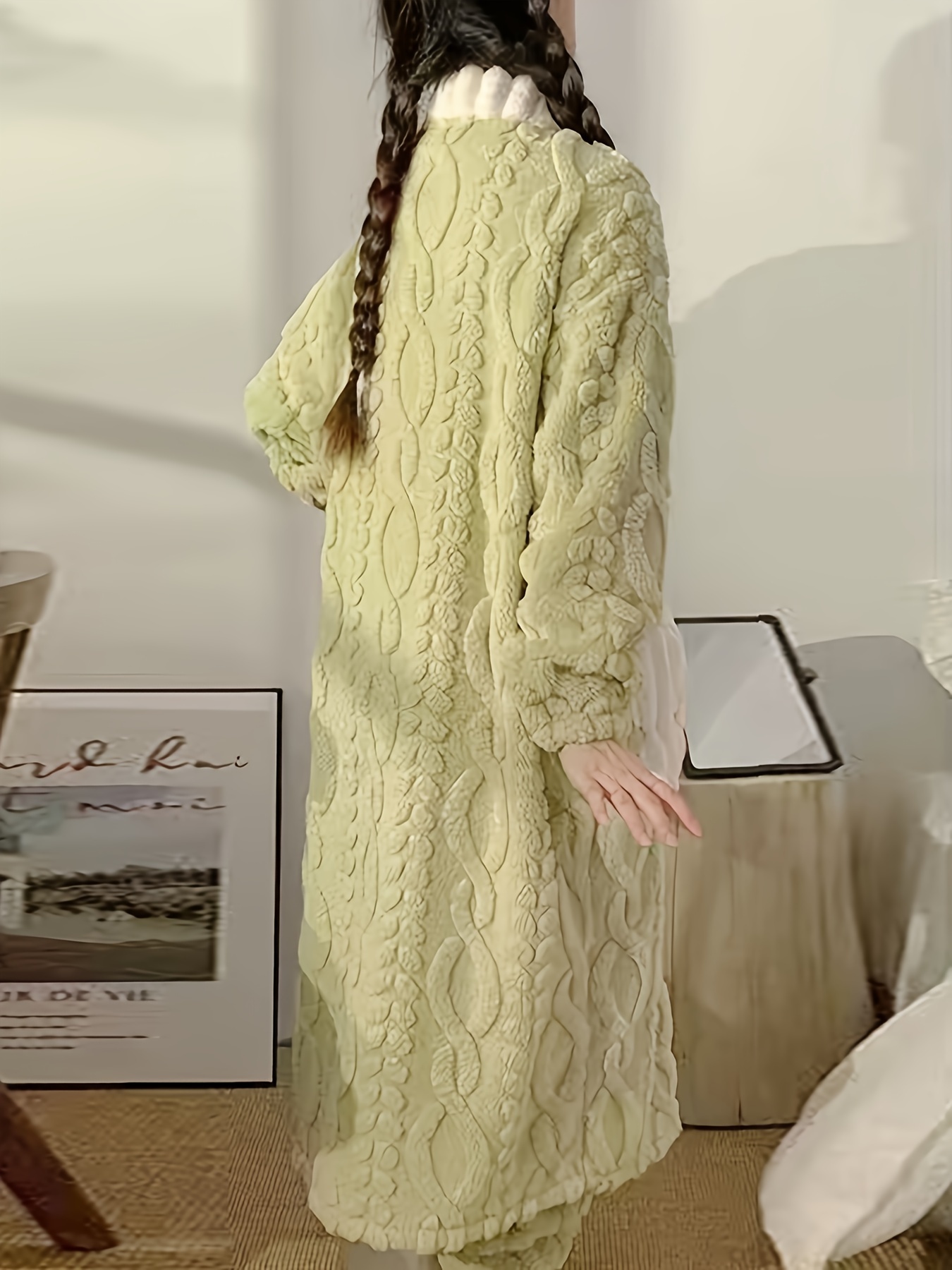 Flower Decor Fuzzy Night Robe Cute Long Sleeve V Neck Robe - Temu