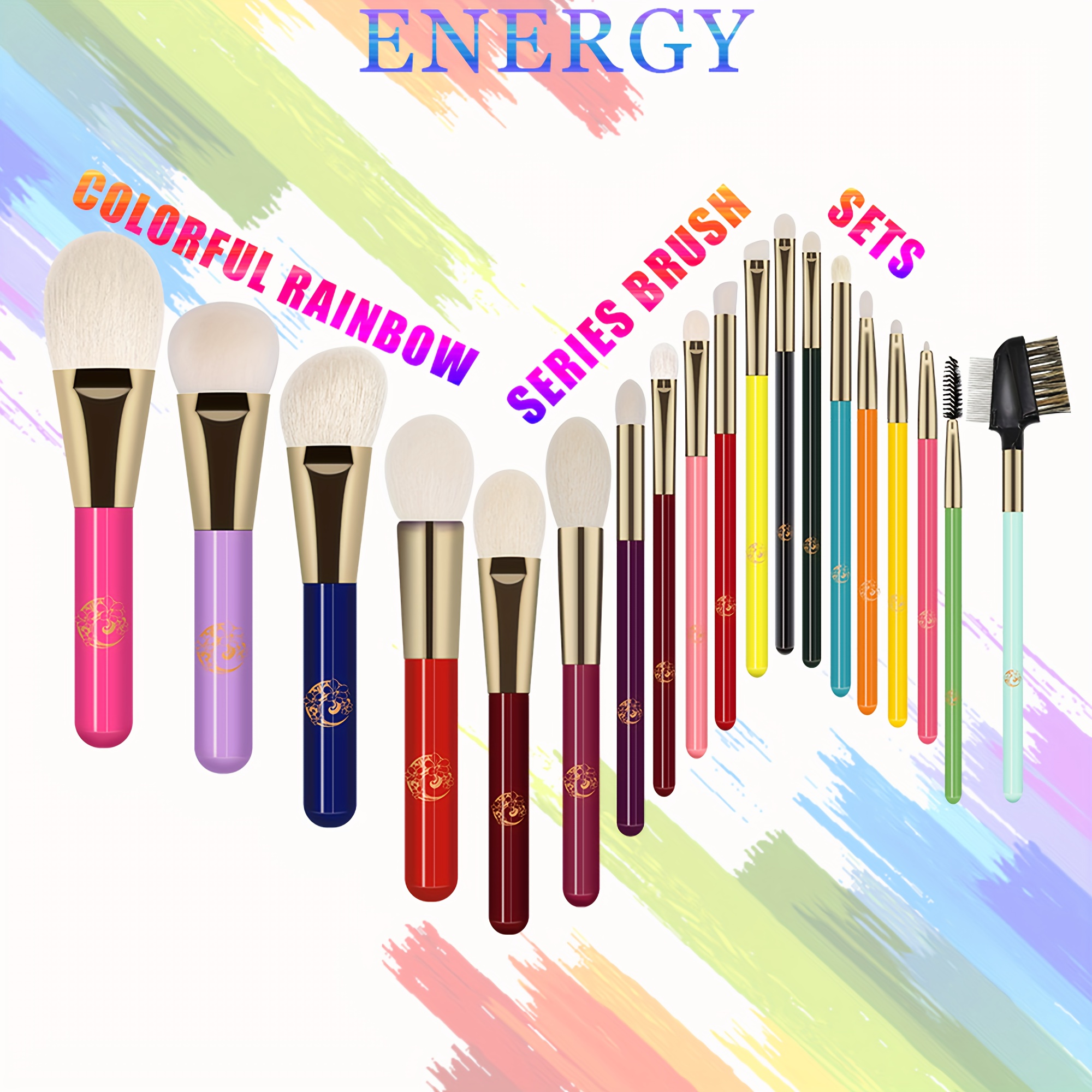 ENERGY Juego de brochas de maquillaje de colores arcoíris en polvo con  estuche, herramientas de belleza con base, mezcla de rostro, rubor,  corrector