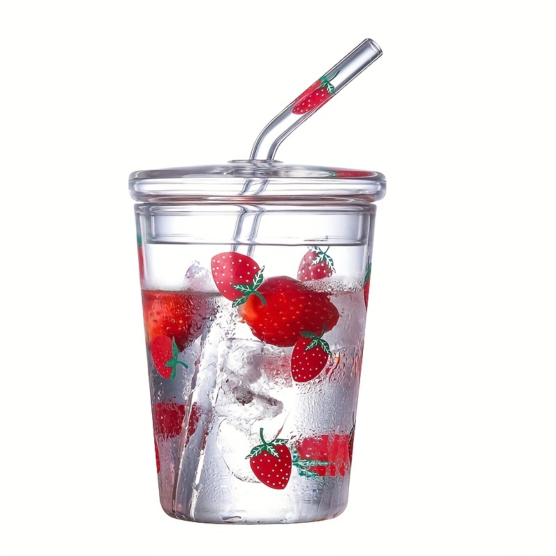 Glass Water Cup Strawberry Clear Tumbler With Lid And Straw - Temu