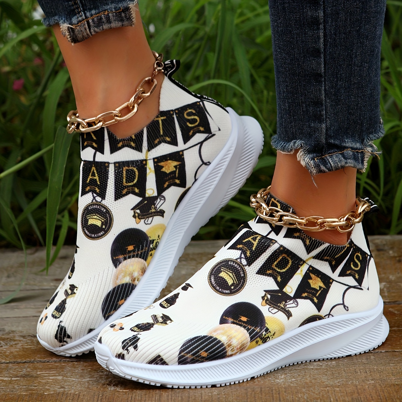 Women's Cartoon Print Knitted Sneakers, Slip On Shock Absorption