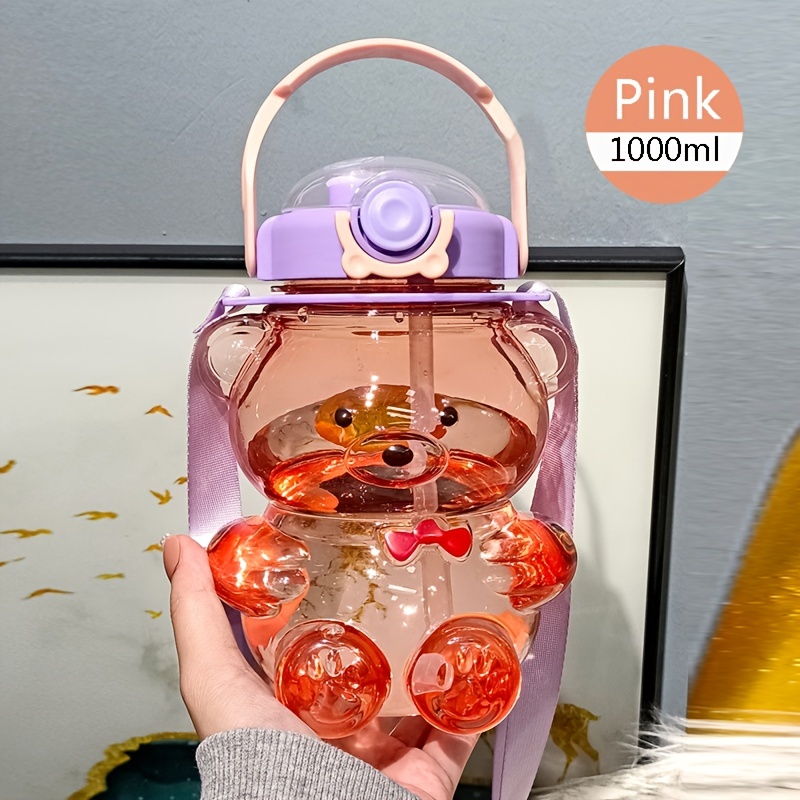 Cute Bear Water Bottle With Straw Portable Strap – HAPPY DAISY MARKET