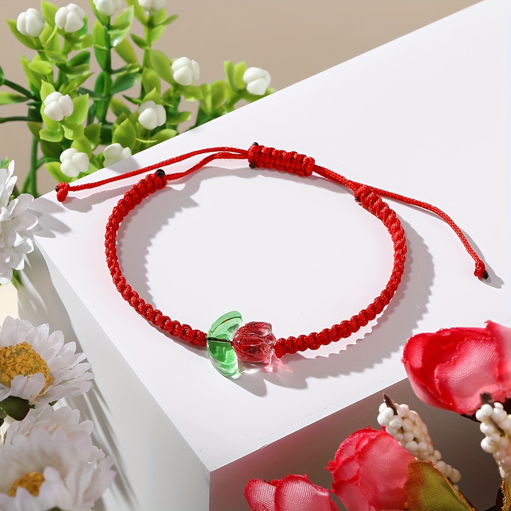 

Adjustable Red Charm Bracelet - Handcrafted Woven Design With Semi-transparent Candy-colored Glass Beads, Elegant Floral Motif For Casual Attire & Lunar New Year Gift