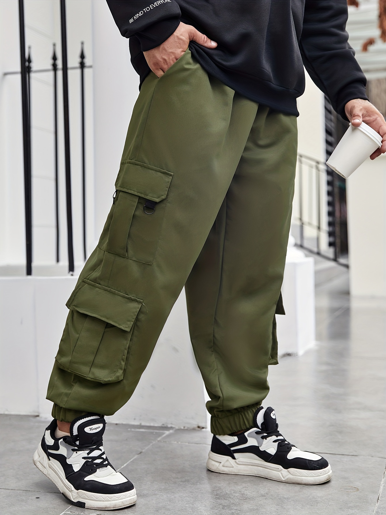 Men's Stylish Casual Drawstring Oversized Multiple Pockets Cargo Pants,  Graphic Print Loose Pants For Spring Fall Plus Size