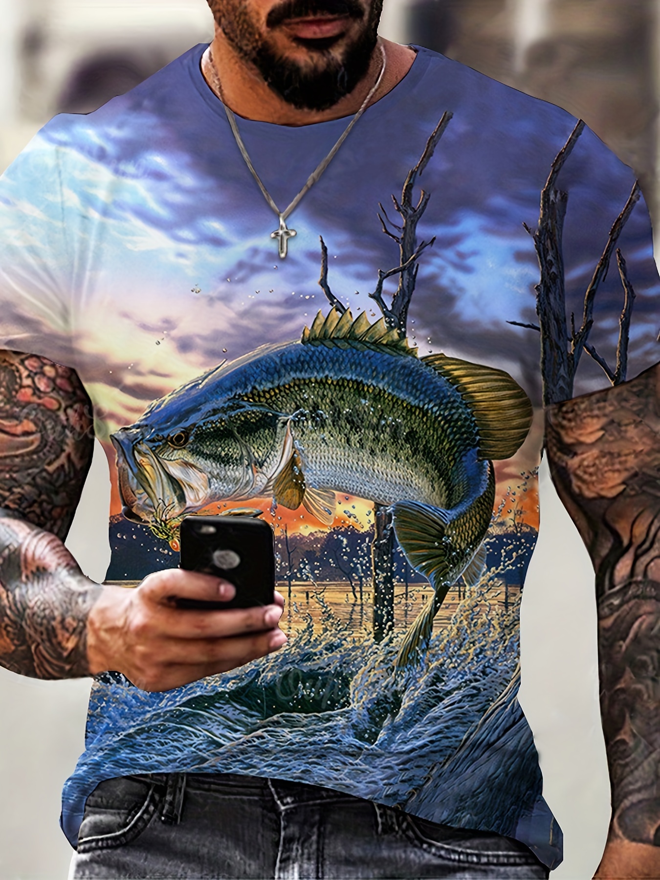 Men's Creative Fish Dive Print T shirt Casual Street Style - Temu Canada