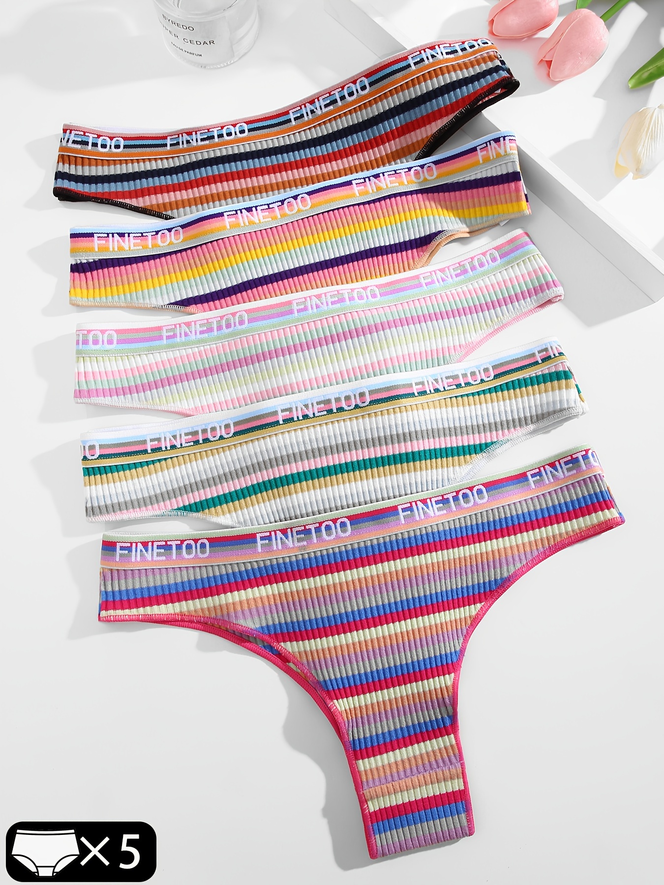5pcs Colorblock Striped Panties, Comfy & Breathable Letter Tape Low Waist  Panties, Women's Lingerie & Underwear