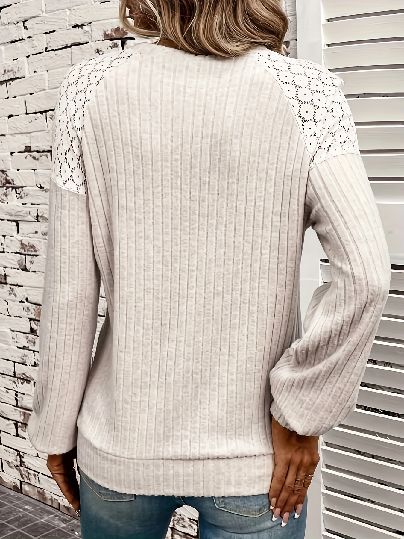 Lace Panel Ribbed Knit T Shirt Casual Crew Neck Long Sleeve T