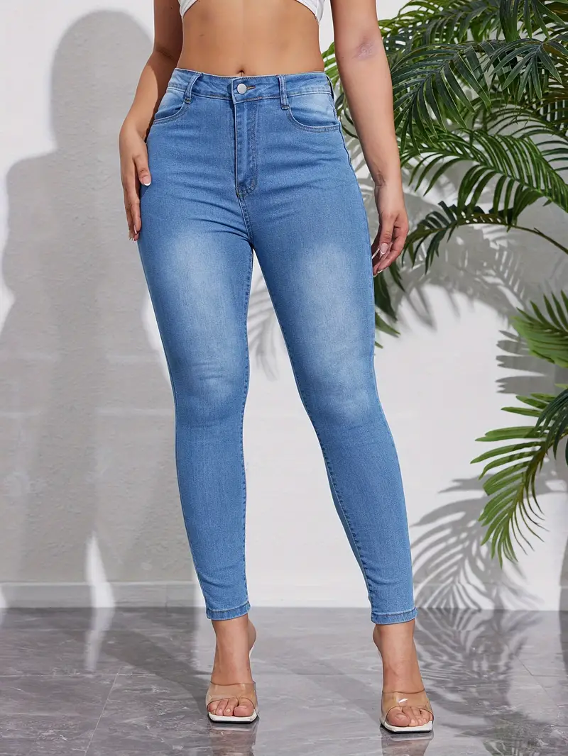 Blue High Waist Skinny Jeans, Slash Pockets High Rise Slim Fit