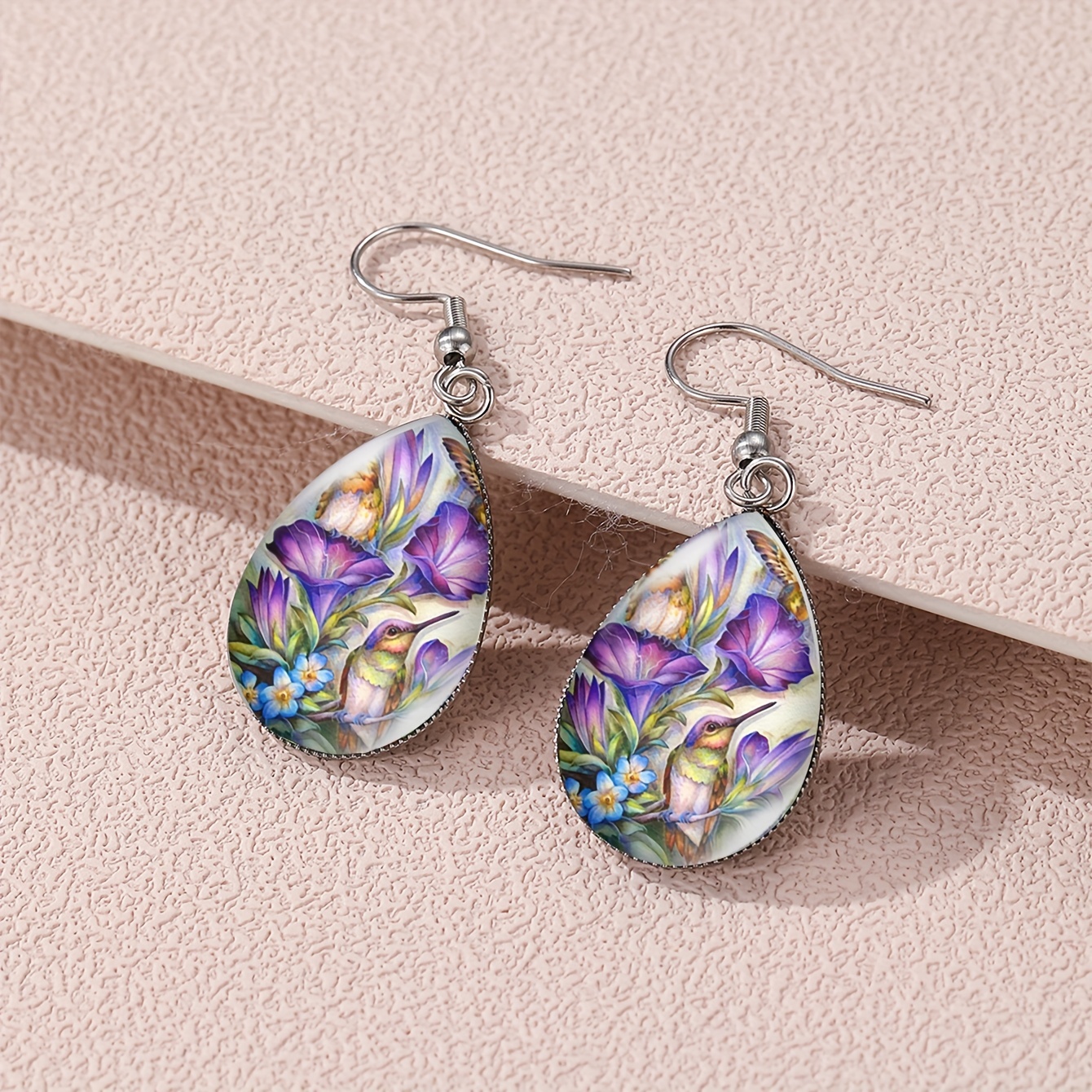 Elegant Sunflower & Hummingbird Teardrop Earrings