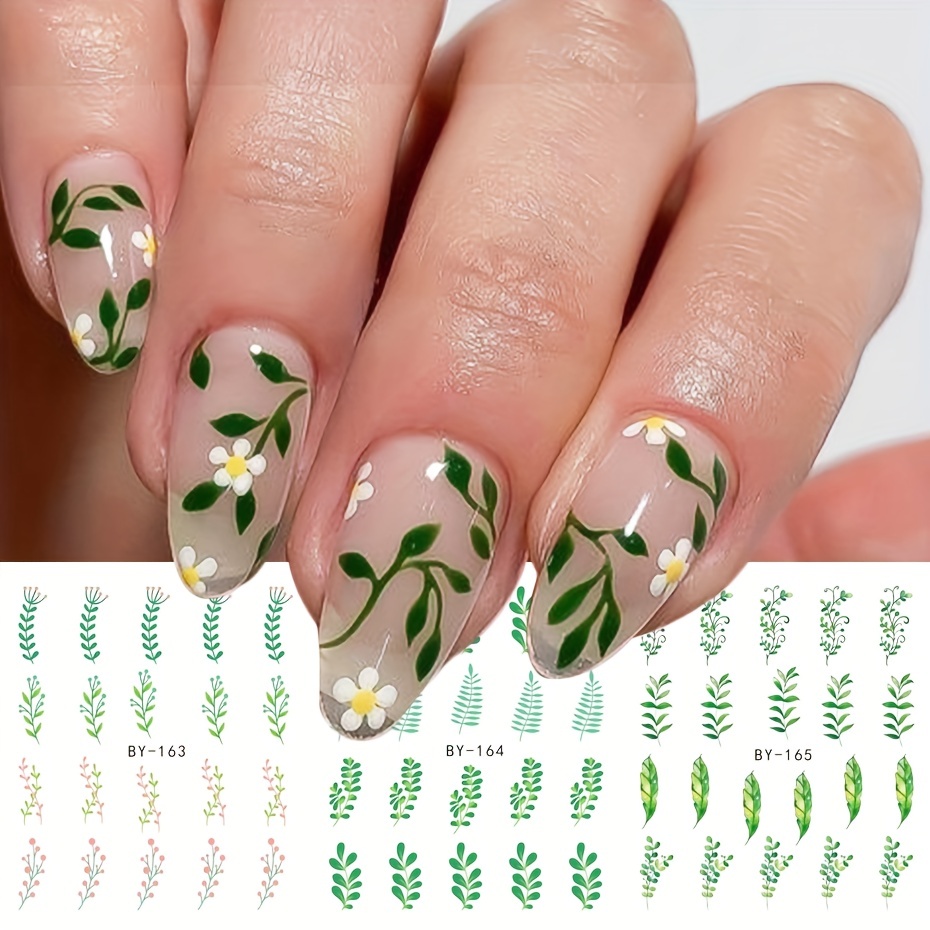 12pcs Green Leaves Spring Floral Decals Cherry Flower Nail Water