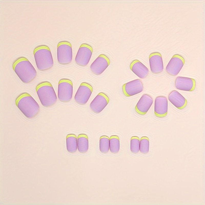 24pcs matte short square fake nails taro purple press on nails with yellow french tips elegant false nails for women girls details 2