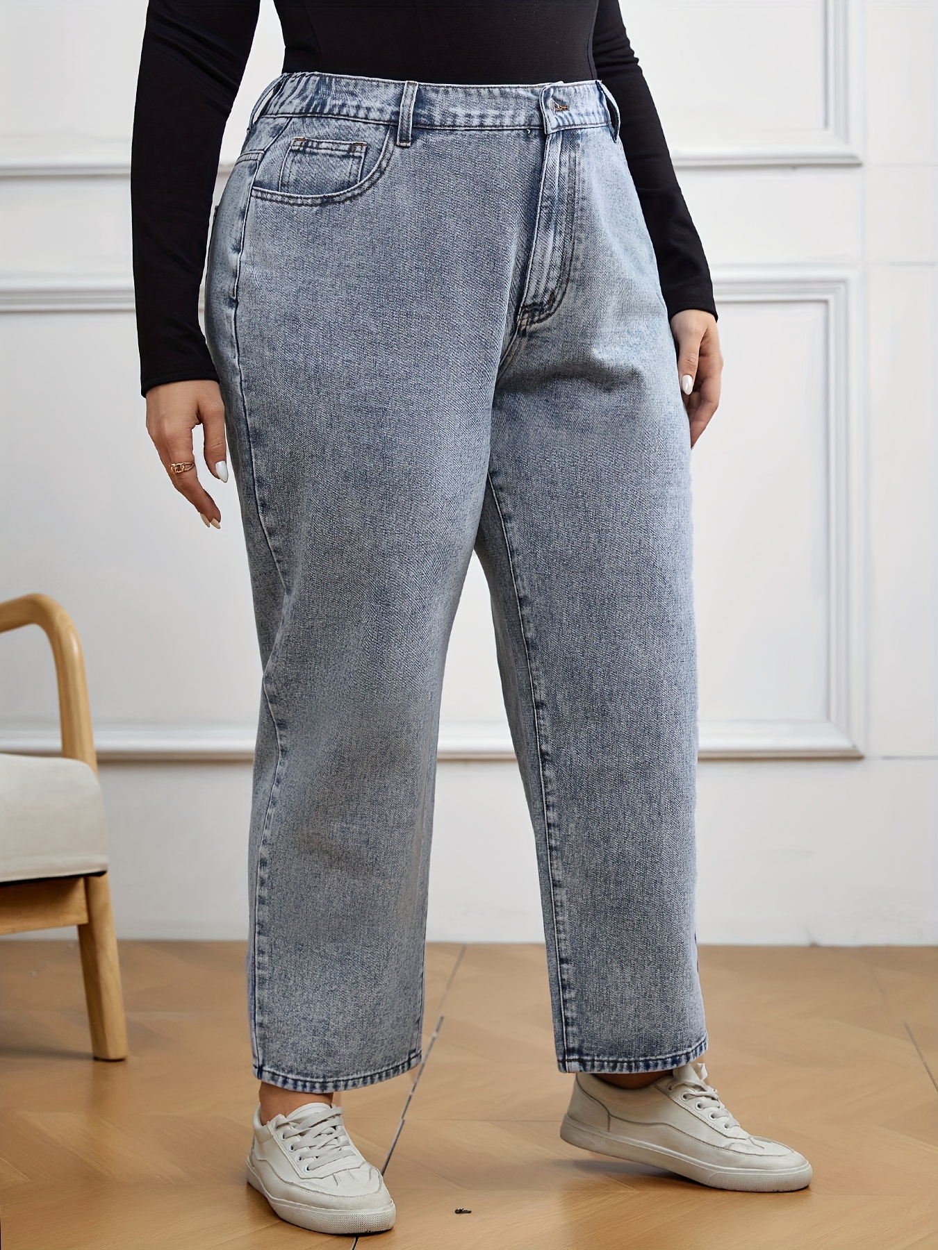 Plus Size Casual Jeans, Women's Plus Washed Button Fly High Stretch  Straight Leg Jeans With Flap Pockets