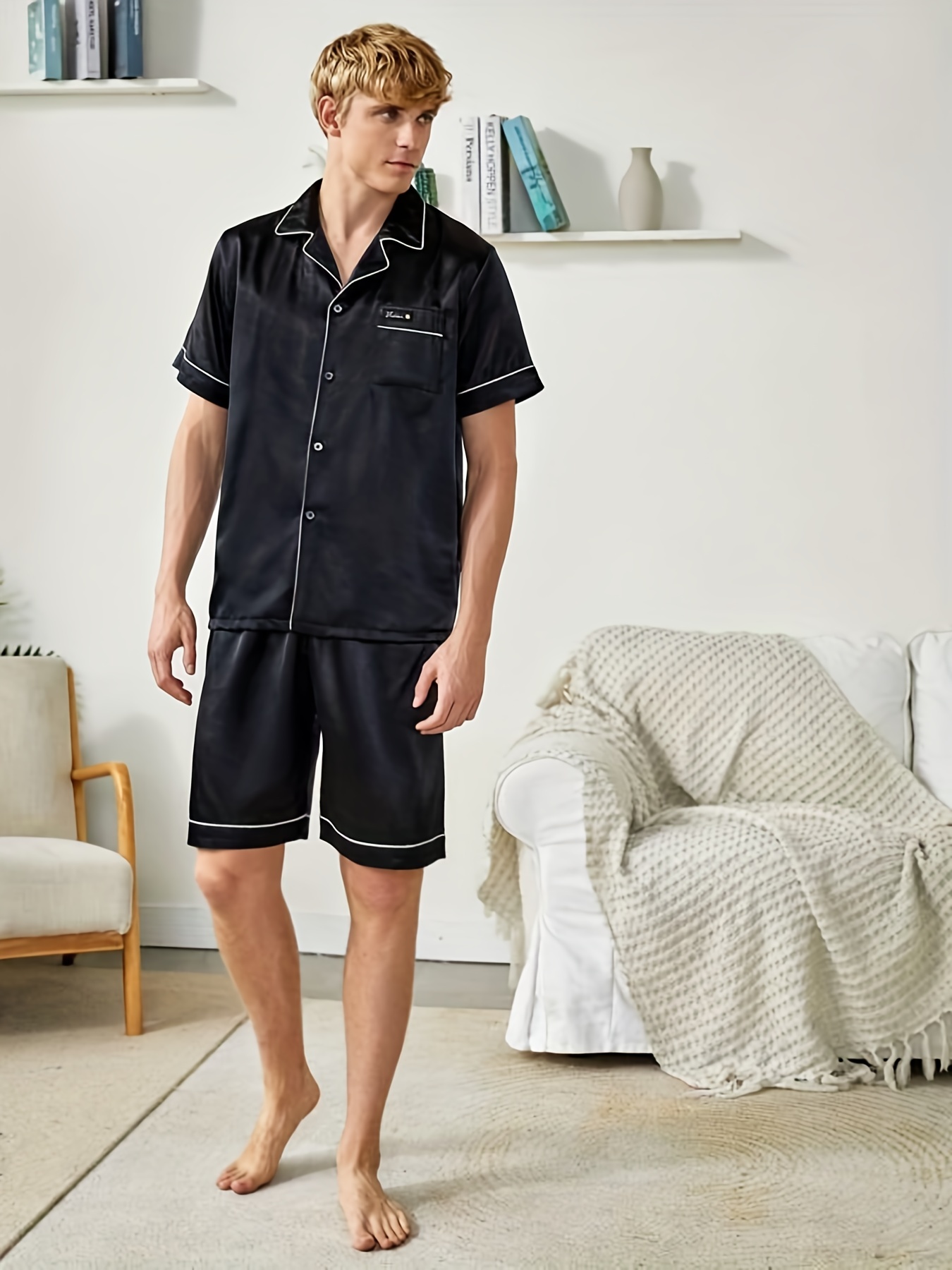 Men's Ice Silk Cool Pajamas Summer Set Casual Plain Color - Temu