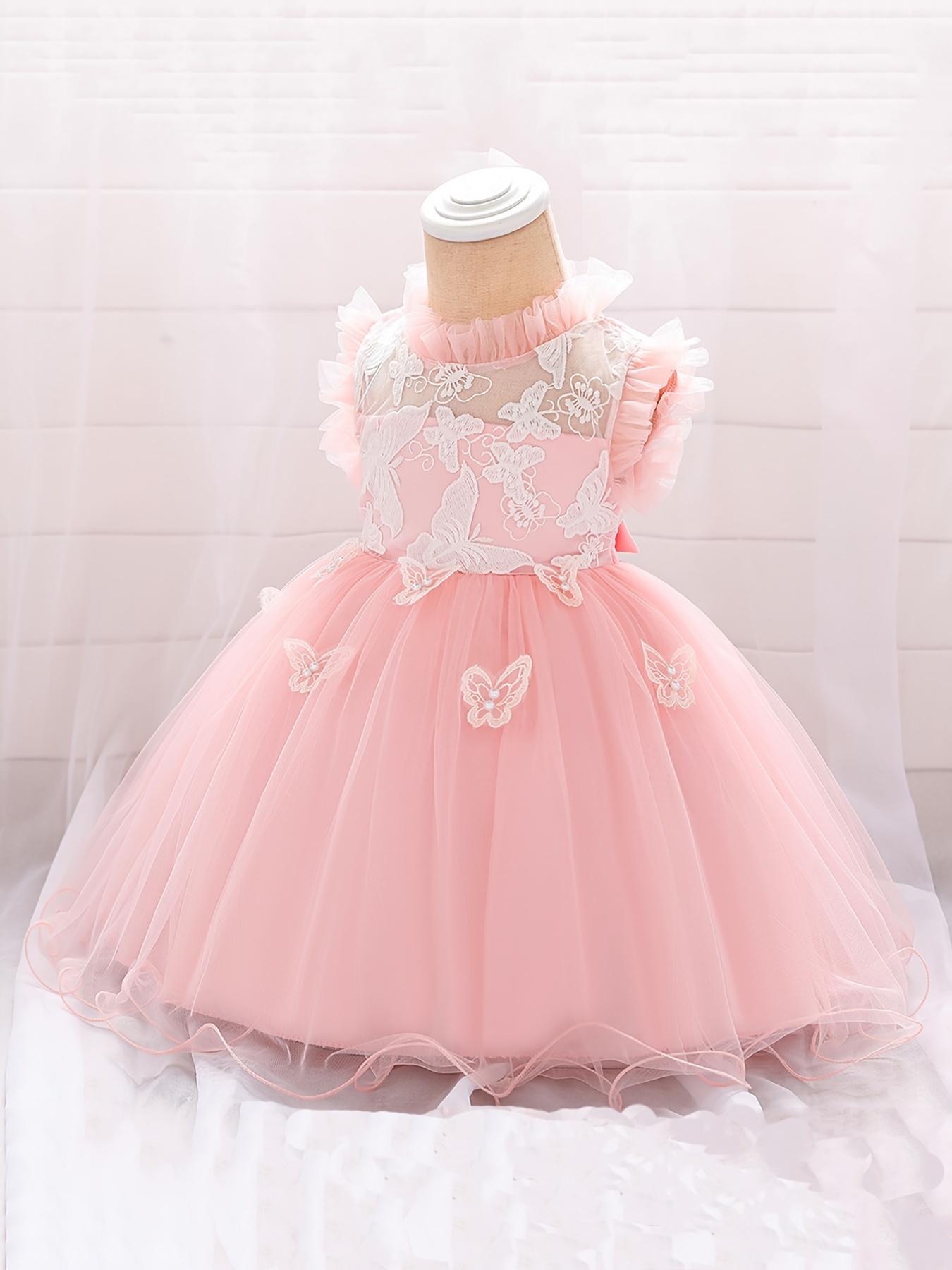 Baby Girl Butterfly Embroidery Mesh Ruffle Trim Bow Front Dress