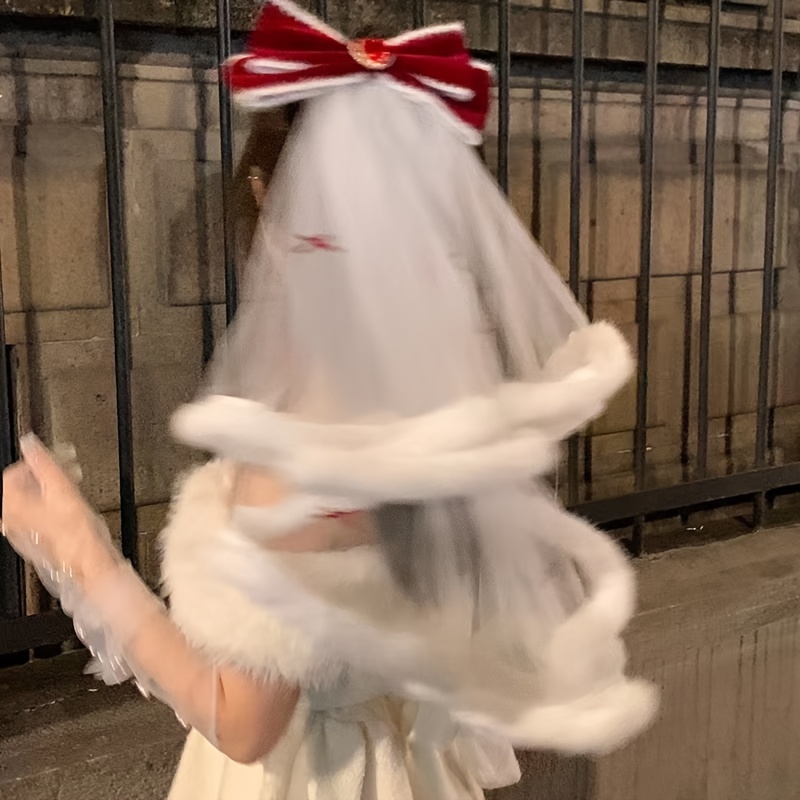 1pc Winter Wedding Bridal White Double Veil with Red Velvet Bow \u0026 Faux Fur  Trim - * Hair Accessory for Church 1pc winter wedding bridal white double veil red velvet bow - Temu