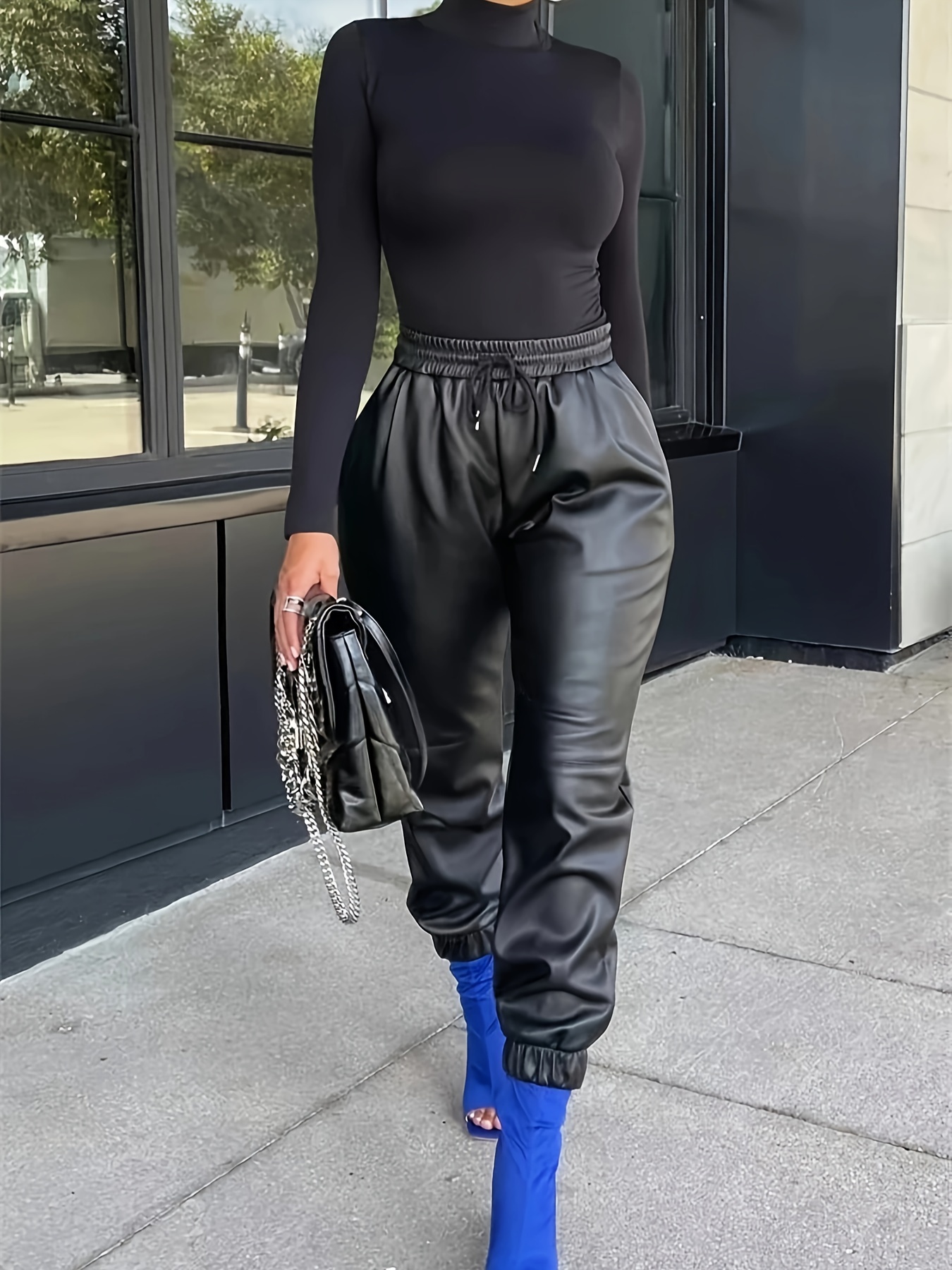 Women Slim Black Matte Leather Flare Pants High Waist Casual PU Faux Leather  Wide Leg Boot Cut Trousers Bodycon Clothing Custom