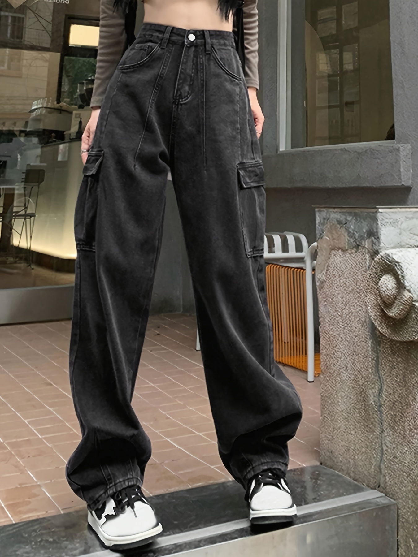 Women's High Waist Cargo Jeans Flap Pocket Baggy Cargo Pants Y2K Wide Leg  Denim Jeans Y2K Streetwear Pants. : : Clothing, Shoes & Accessories