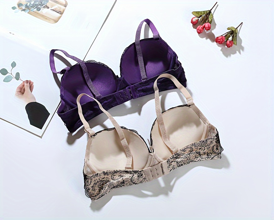 2pcs Contrast Lace Push Up Bra, Comfy & Breathable Bow Tie Bra, Women's  Lingerie & Underwear