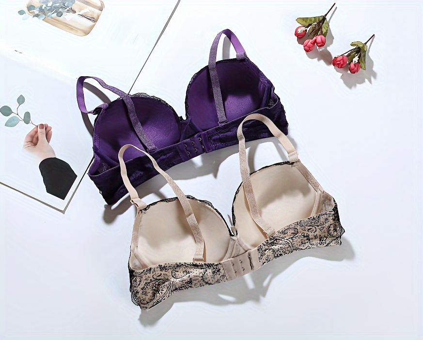 2pcs Contrast Lace Push Up Bras, Comfy & Breathable Bow Tie Bra, Women's  Lingerie & Underwear