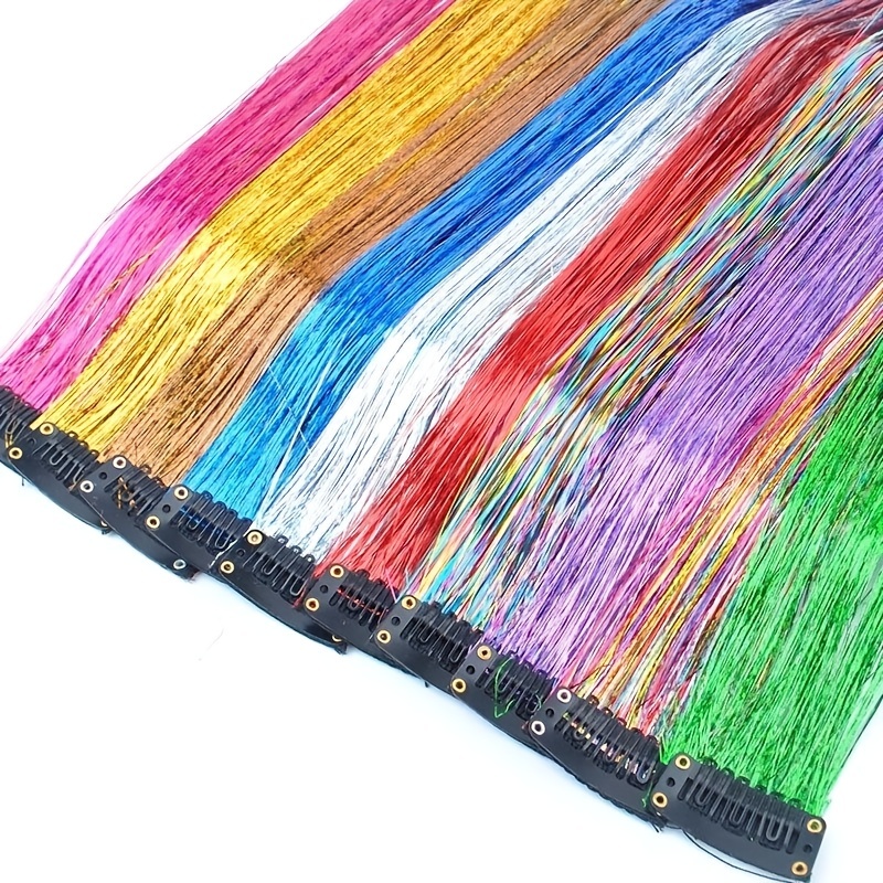 Colorful Clip in Hair Tinsel Kit 19 inch Fairy Hair Tinsel Kit for Christmas New Year Halloween Cosplay Party Tinsel Hair Extensions, Human Hair