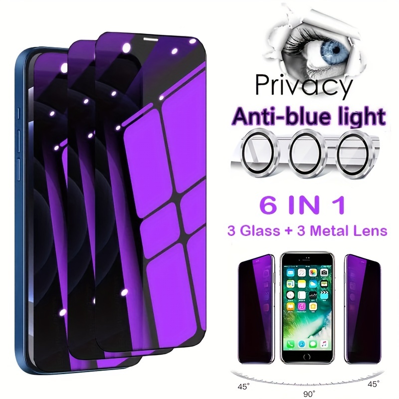 

6in1 [3pcs Purple Screen Glass + 3pcs Metal Lens] Anti-blue Light Privacy Screen Protector For Iphone 11 12 13 14 Pro Max Camera Len Protective Glass For Iphone 14 Plus 13 12 Mini