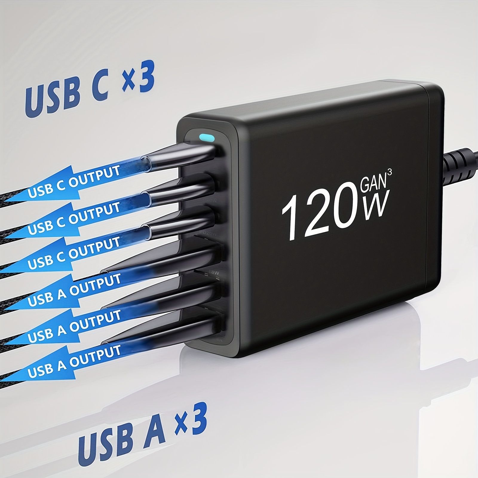 Station de charge au total 100 W 6 ports USB C Bloc de 4 ports USB-C et 2  ports USB-A Chargeur rapide de téléphone adaptateur d'alimentation pour