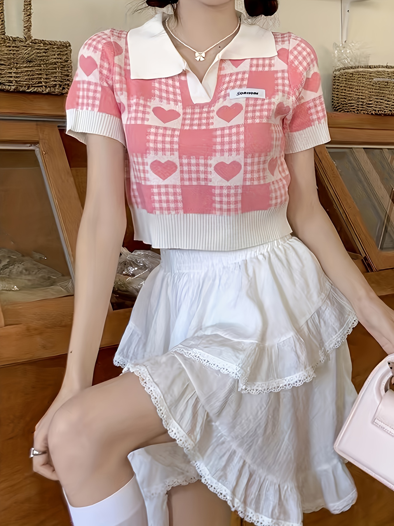 Women Summer New Korean Style Short Sleeve Collared Crop Knit Top Blouse T  Shirt
