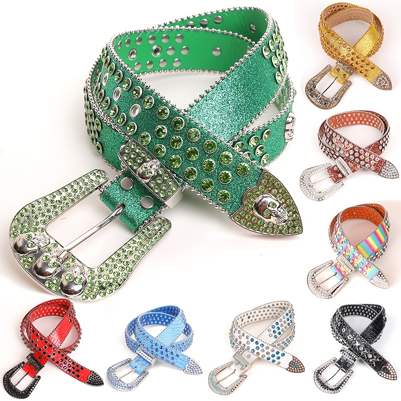 Shiny Rhinestone Sequin Y2k Belts Hip Hop Color Block Pu Waist Belts Punk  Skull Buckle Cowboy Cowgirl Belts For Women & Men - Temu