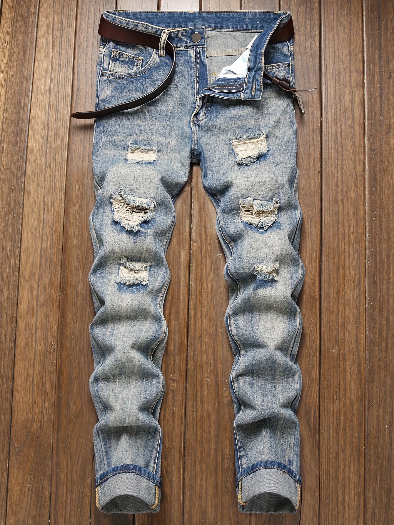 XFLWAM Men's Ripped Jeans Slim Fit Stretch Distressed Jeans Pants for Men  Light Blue XL