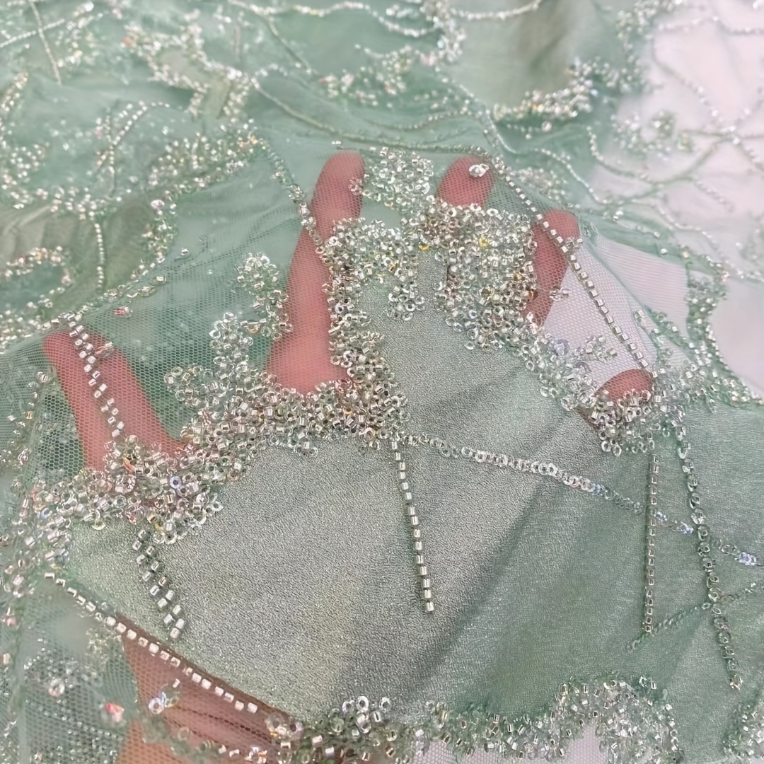 Fashion Popular Embroidery Nigerian Tulle Lace Fabric Beaded For Party  Dress - Green