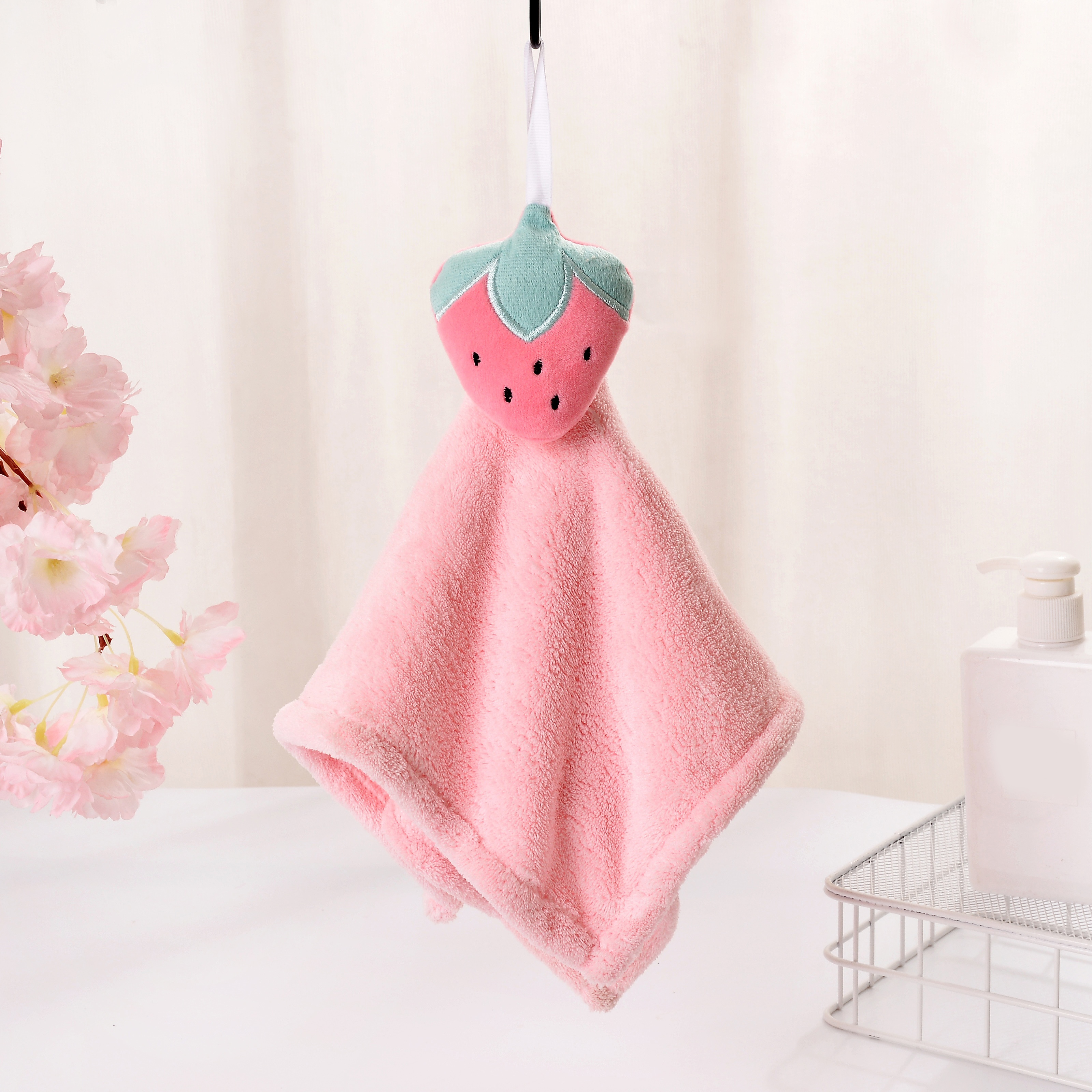 1pc Cute Fruit Decor Soft Hand Towel, Absorbent Pink Hanging Towel For  Household