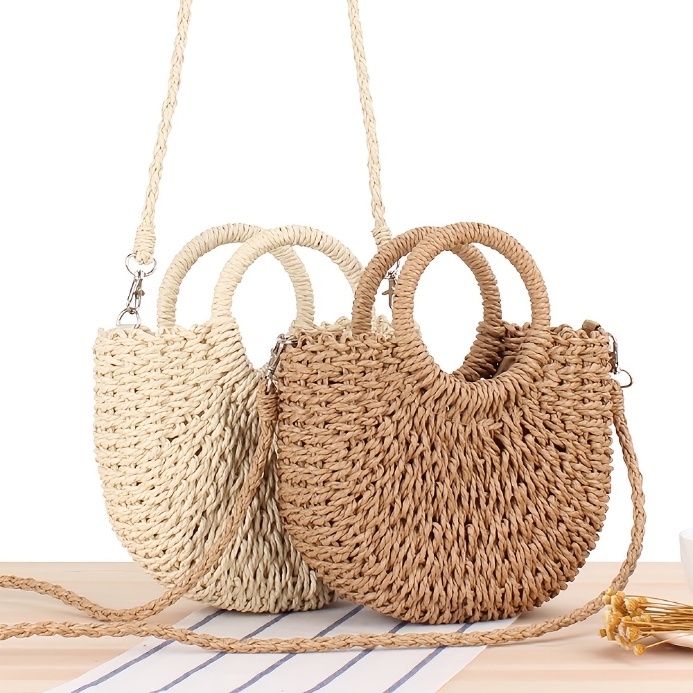 Half Round Woven Straw Bag Women s Summer Crossbody Bag Casual Beach Handbag For Holiday