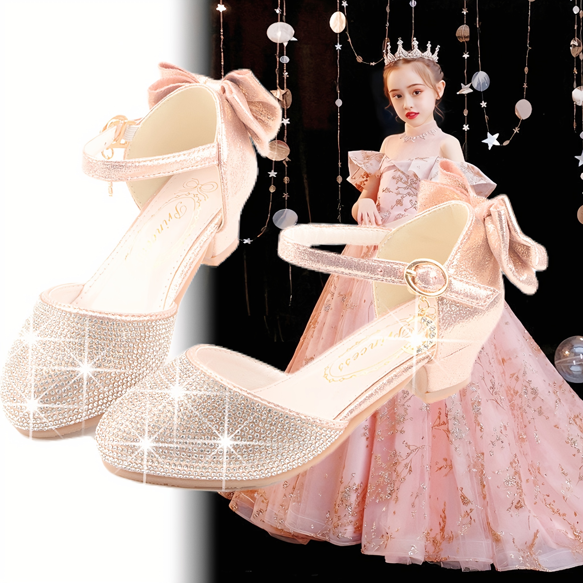 Girls Cute Round Toe Bowknot Sparkly High Heels Princess - Temu