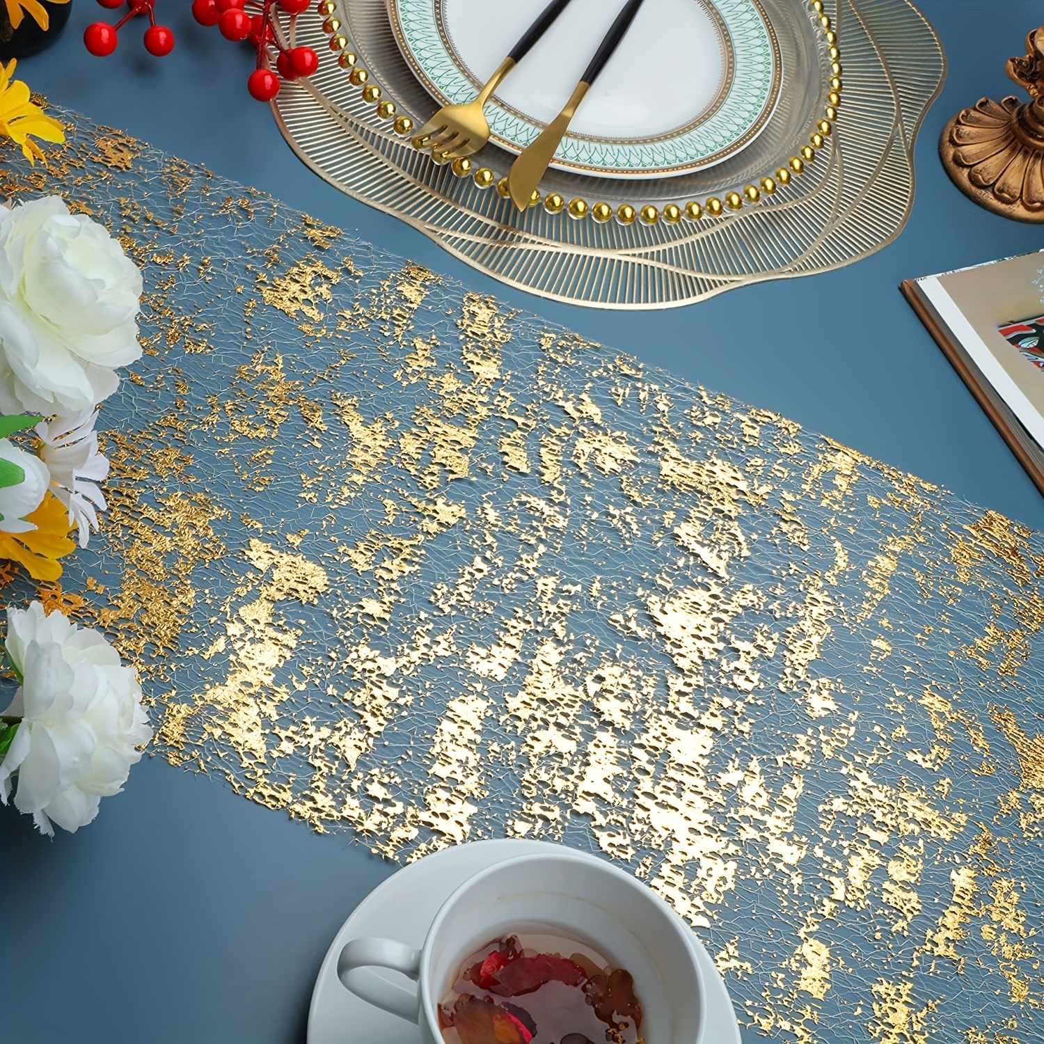 1 pièce Décorations de table pour fête, chemin de table doré, rouleau de  chemin de table en maille fine métallique dorée à paillettes, décoration de