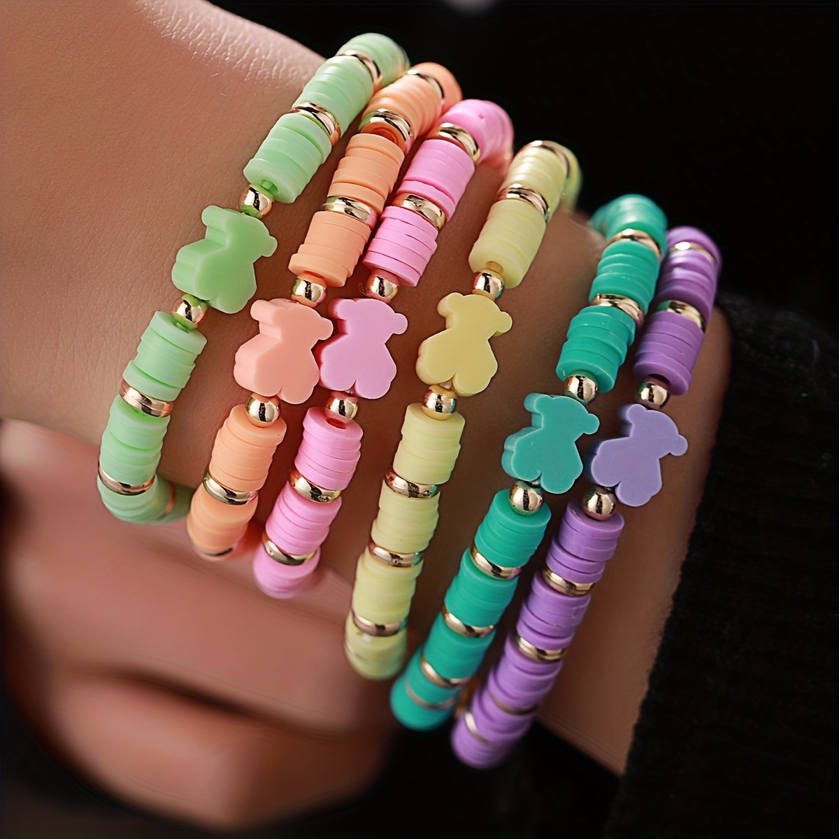 

6pcs/set Bohemian Style Bracelet Colorful Polymer Clay Bear Charm Women's Bracelet String Set