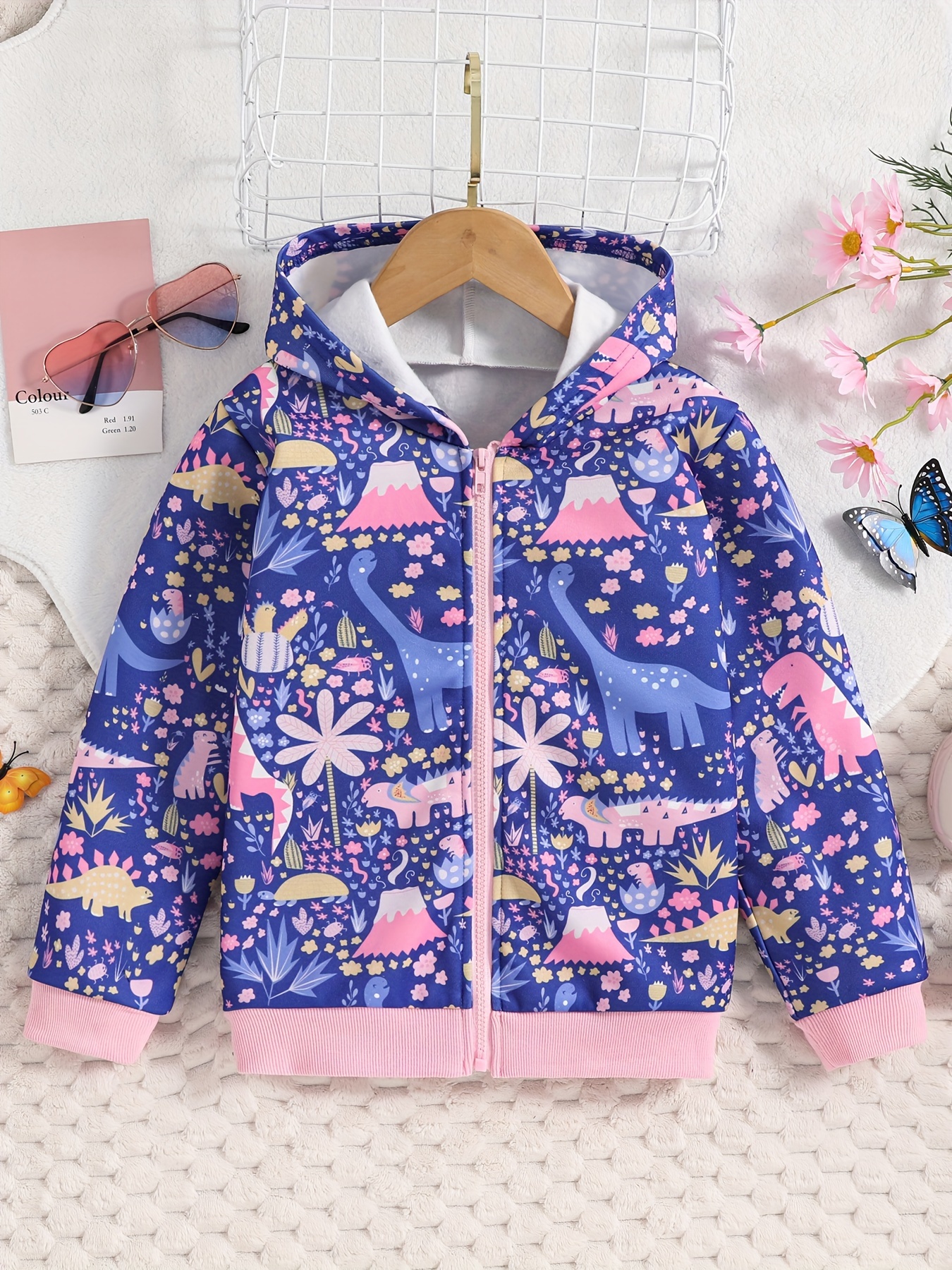 Girls' Detachable Hood Rain Jacket With Cartoon Bear Print