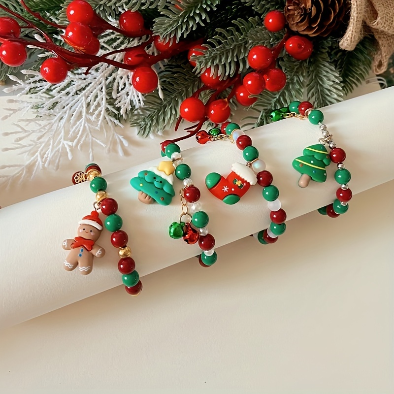 4pcs/set Christmas Style Polymer Clay Beads Bracelet Christmas Tree Bracelet Cartoon Hand Accessories,Temu