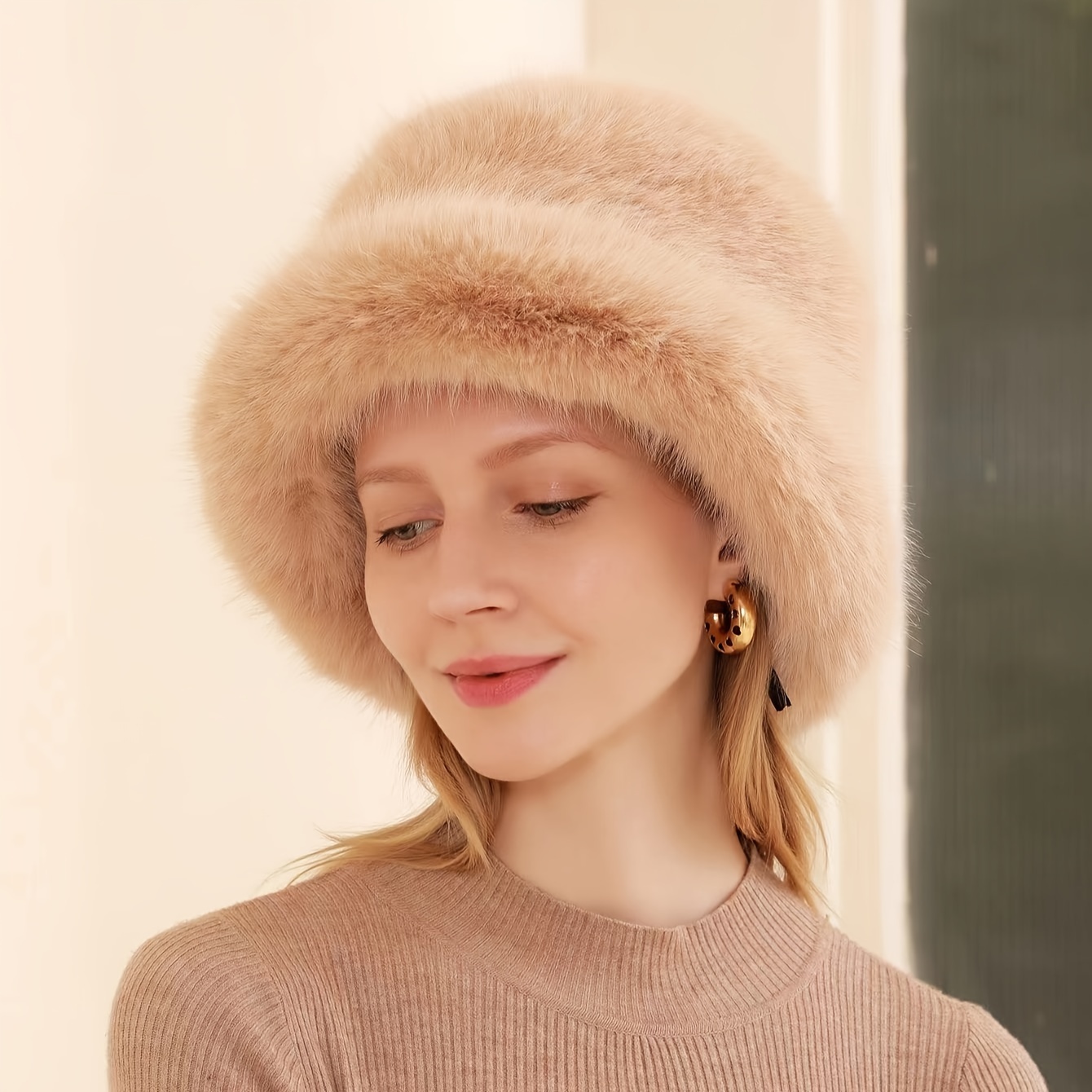 Wide Brim Fluffy Bucket Hat Elegant Faux Fur Large Basin Hats Solid Color Coldproof Warm Fisherman For Women Autumn & Winter