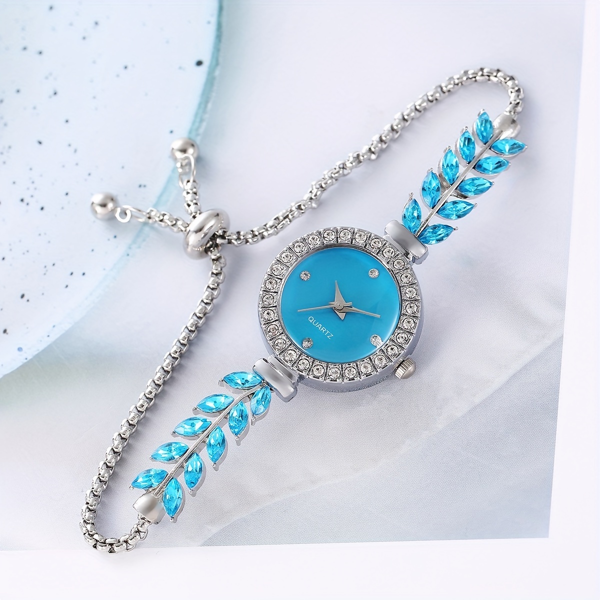 女性用腕時計高級ラインストーンクォーツ時計カジュアルリーフファッションアナログブレスレット腕時計 - Temu Japan