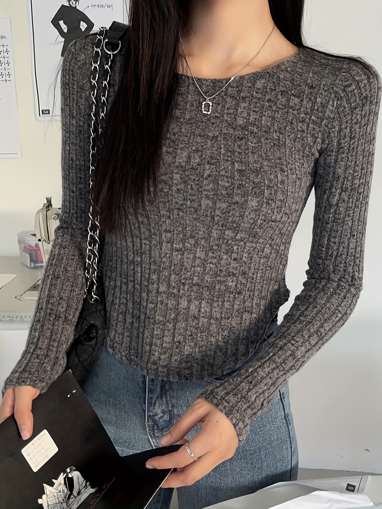 Ribbed Notch Neck T shirt Casual Long Sleeve Top Spring Fall - Temu