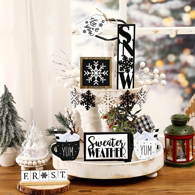 12 Pieces Winter Tiered Tray Decor Winter Wonderland Table Wooden Sign  Decorations Farmhouse Tabletop Coffee Signs Snowflake Santa Decor for Hello