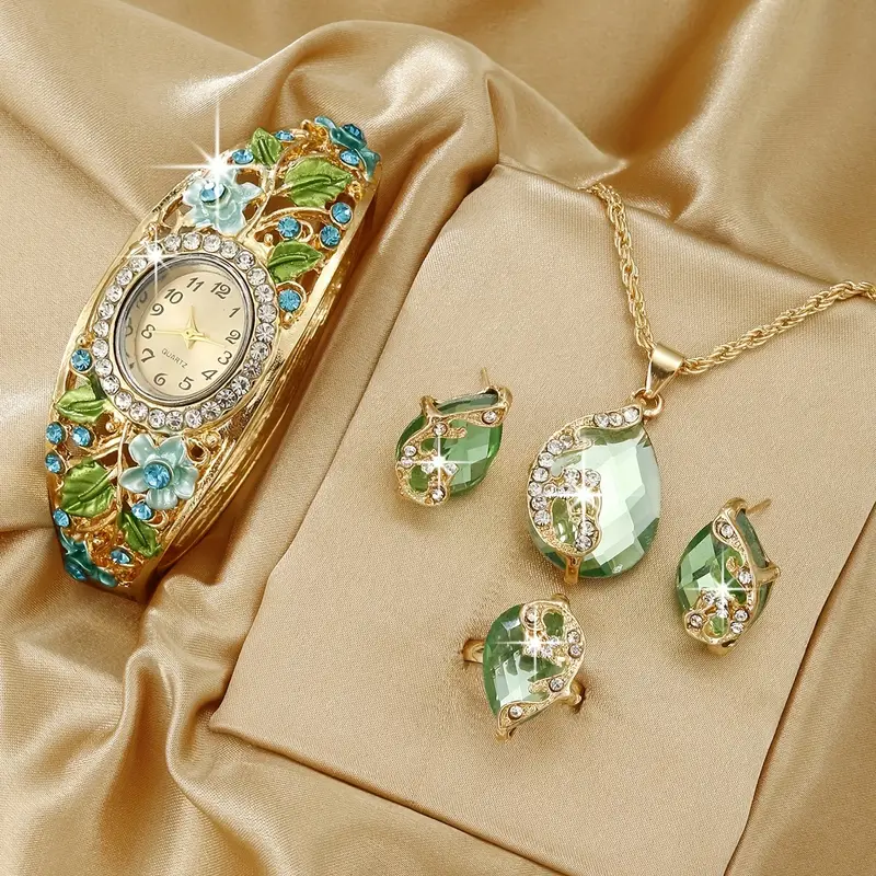 womens watch baroque flower rhinestone quartz cuff bangle watch oval pointer analog wrist watch 4pcs jewelry set gift for mom her details 1