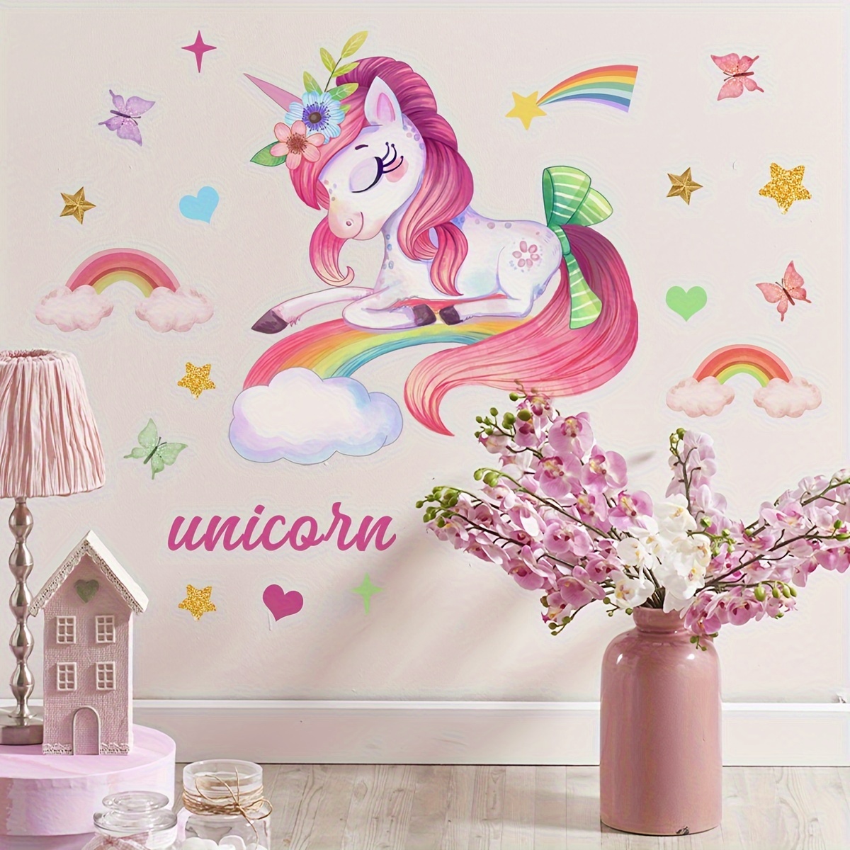 Adhesivo universal para pared, decoración mural de dibujos  animados de niña, calcomanías de pared de unicornio para casa, dormitorio  de niños, habitación de bebé, guardería, decoración de dibujos animados de  moda (