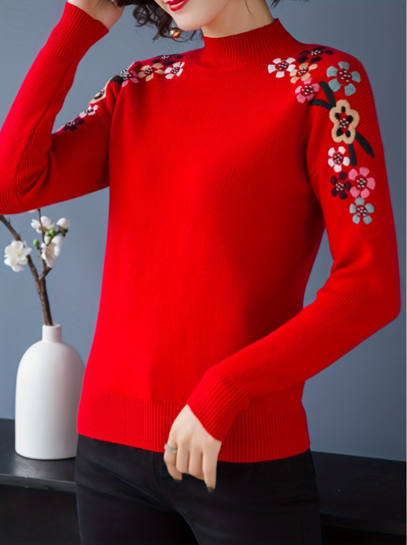 floral pattern mock neck knit sweater casual long sleeve pullover sweater womens clothing red 3