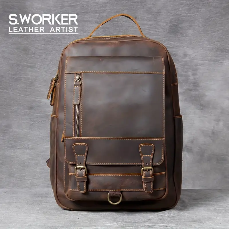 Vintage Genuine Leather Backpack Laptop Bag Leather School Bag Outdoor ...