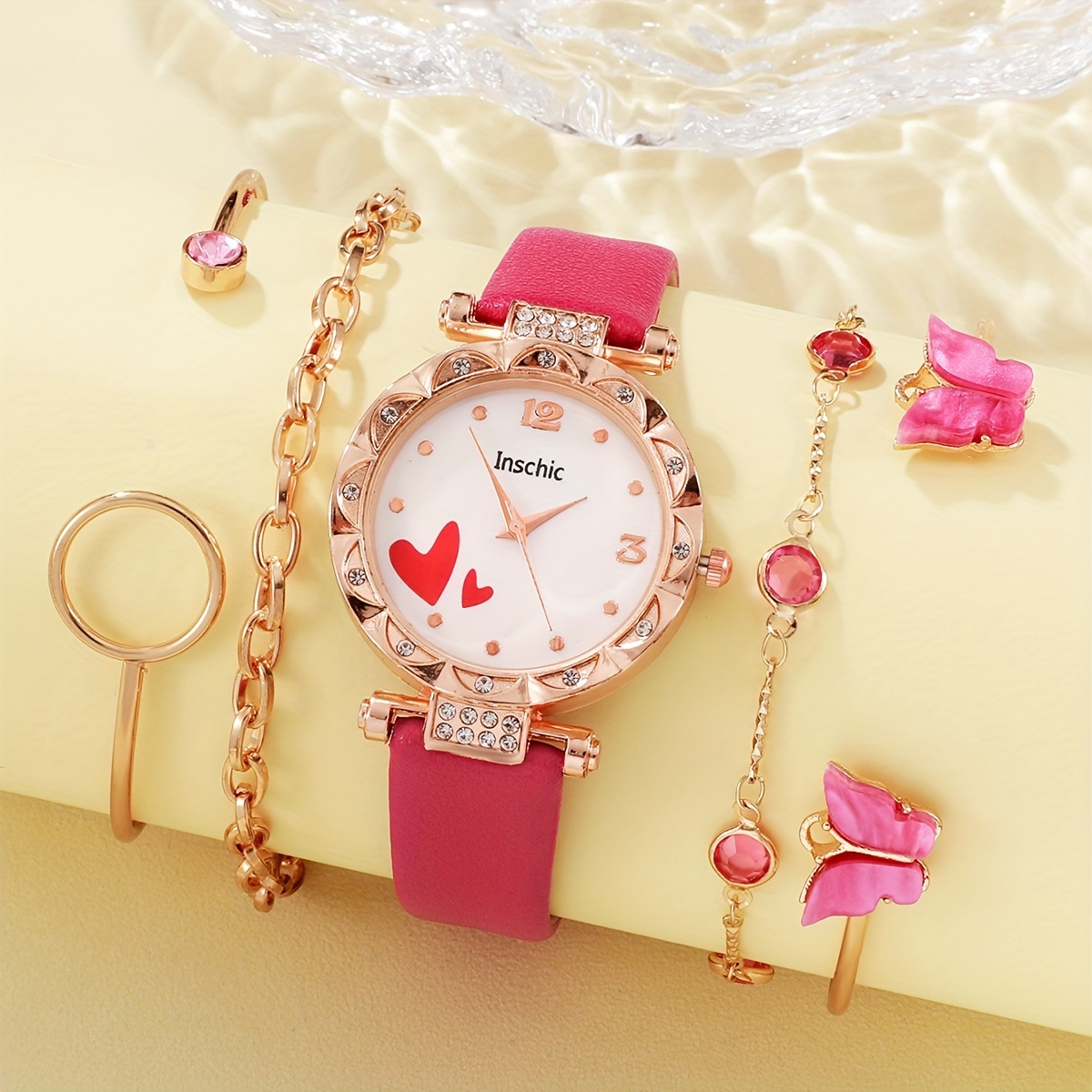 Montre et bracelets pour femme, or rose, 4pièces - Montre pour