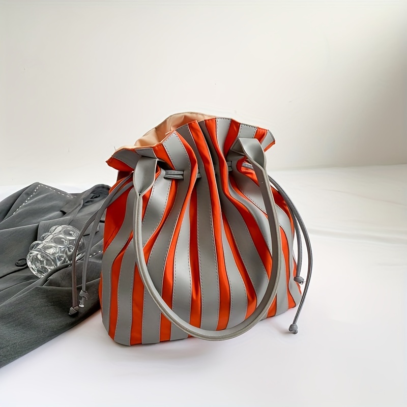 Striped Pattern Drawstring Bucket Bag Large Capacity Tote Bag
